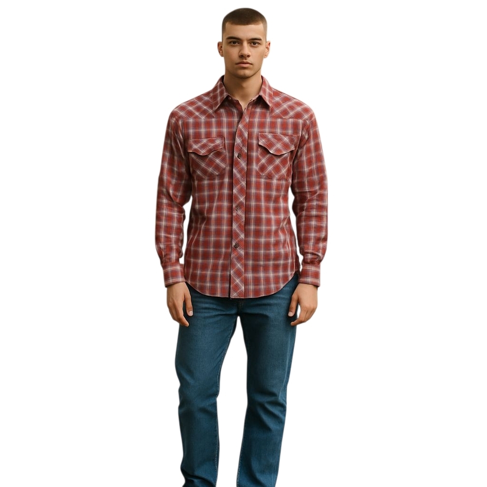 Wrangler Shirt Mens Large Red Plaid Pearl Snap Stitching Pocket Western Cowboy